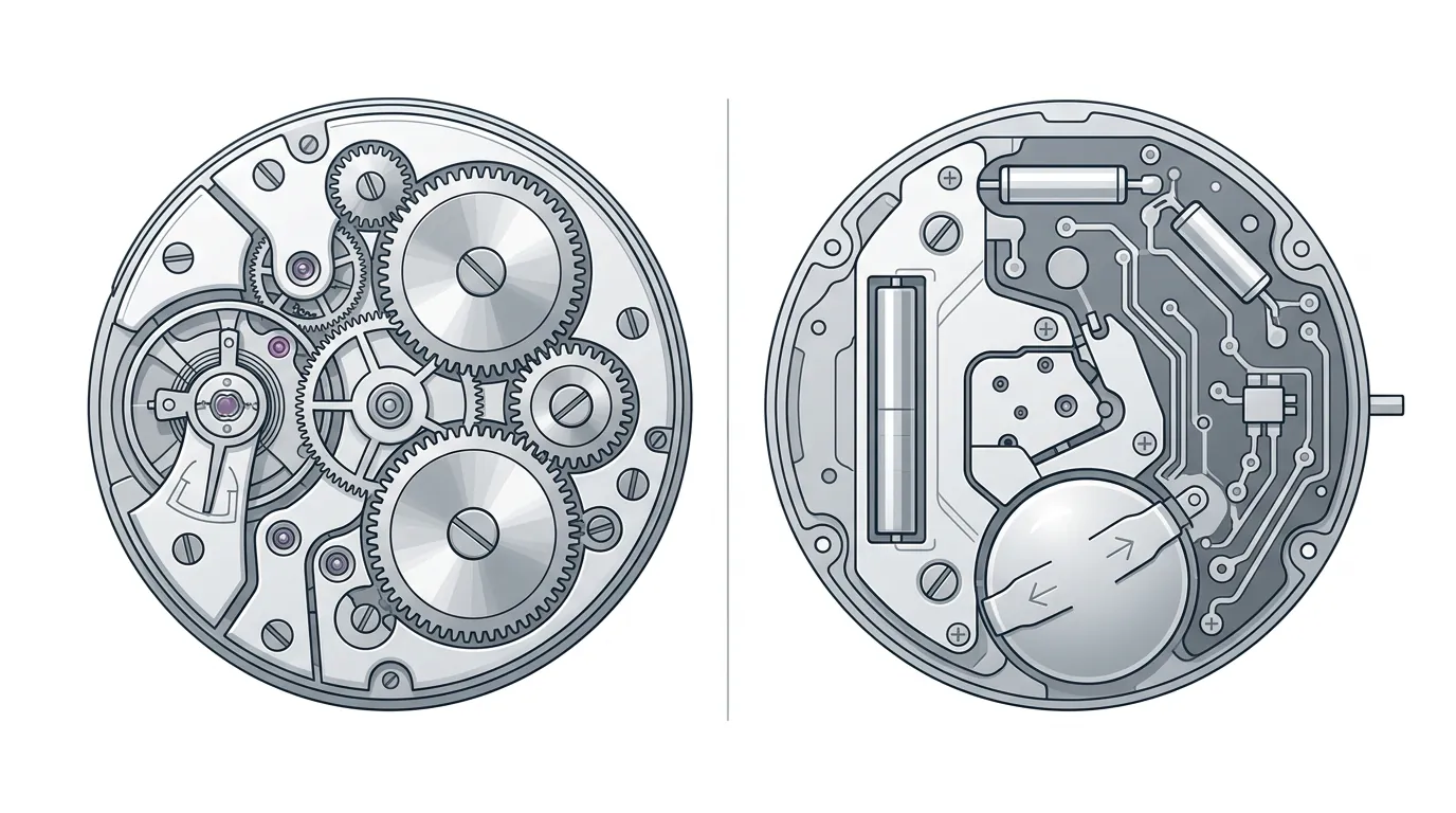 Comparativa técnica del movimiento de un reloj de cuarzo frente a un mecanismo mecánico de lujo, visualizando la fluidez del segundero