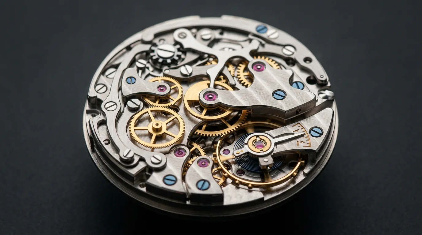Detalle técnico de un movimiento de reloj suizo complejo