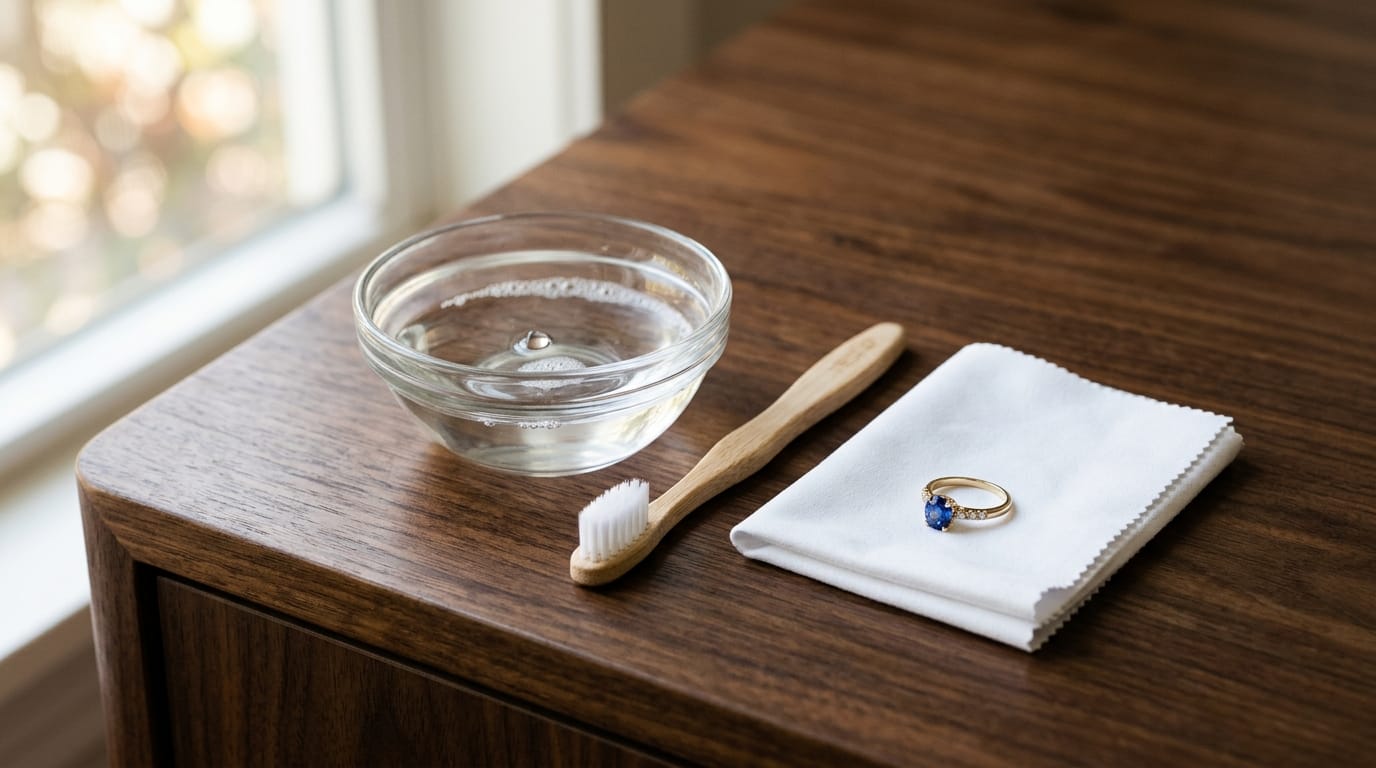 Kit básico y seguro para la limpieza de piedras preciosas que incluye un recipiente con agua tibia y jabón neutro, un cepillo de bebé y un paño de microfibra.