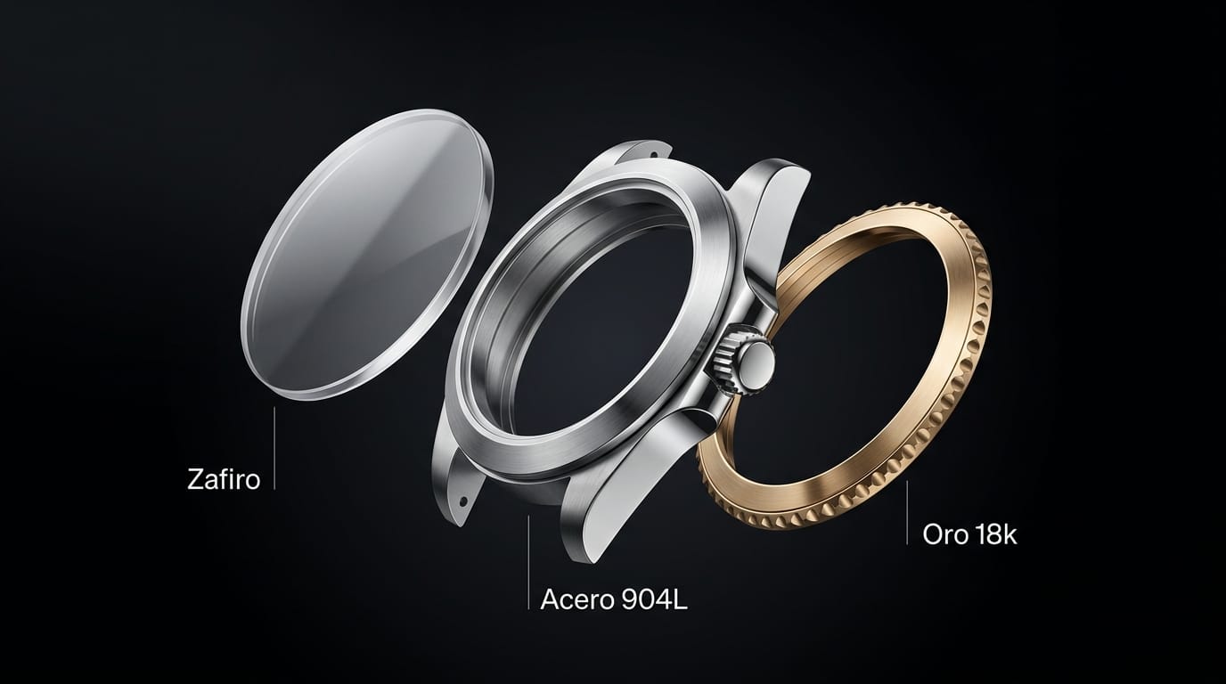 Diagrama de materiales de un reloj de lujo mostrando capas de cristal de zafiro, acero 904L y oro de 18 quilates
